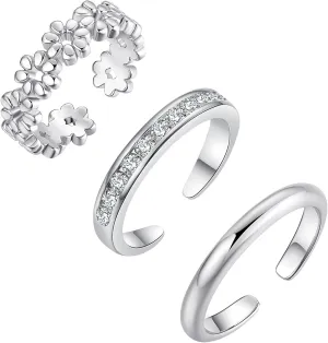 3Pcs Toe Rings for Women, Adjustable Open Toe Ring 18K Gold Cubic Zirconia Daisy Flower Simple Thin Band Hug Rings Stackable Hawaiian Summer Beach Foot Jewelry Set
