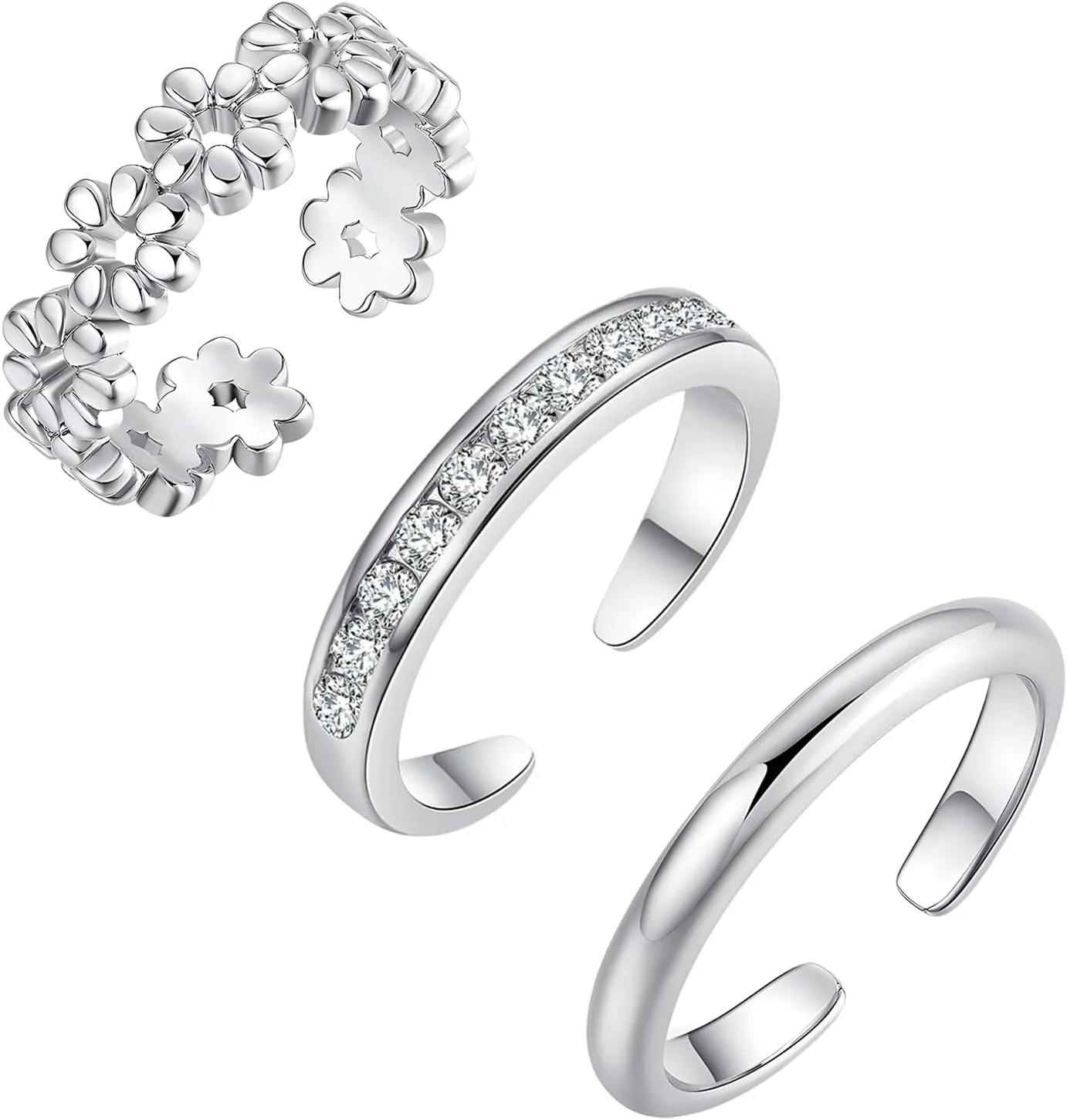 3Pcs Toe Rings for Women, Adjustable Open Toe Ring 18K Gold Cubic Zirconia Daisy Flower Simple Thin Band Hug Rings Stackable Hawaiian Summer Beach Foot Jewelry Set