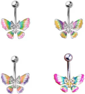 4 - Assorted Set 14 Gauge 3/8 Inch 316L Surgical Steel Barbell Belly Button Navel Rings Dangles Butterfly CZ B631 Color Yellow Purple Pink Green
