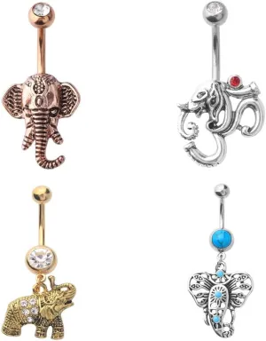 4 - Assorted Set 14 Gauge 3/8 Inch 316L Surgical Steel Barbell Belly Button Navel Rings Dangles Lucky Elephant Collection Gold IP Faux Turquoise Red and Clear CZ B633