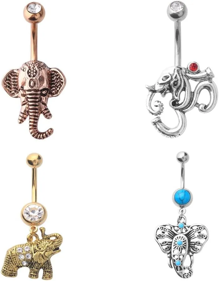 4 - Assorted Set 14 Gauge 3/8 Inch 316L Surgical Steel Barbell Belly Button Navel Rings Dangles Lucky Elephant Collection Gold IP Faux Turquoise Red and Clear CZ B633