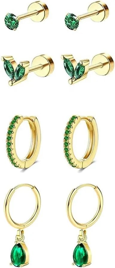 4Pairs Small Surgical Steel Earrings Set for Women Dainty Green CZ Cartilage Stud Hoop Earring Hypoallergenic Tragus Helix Rook Daith Piercing Jewelry