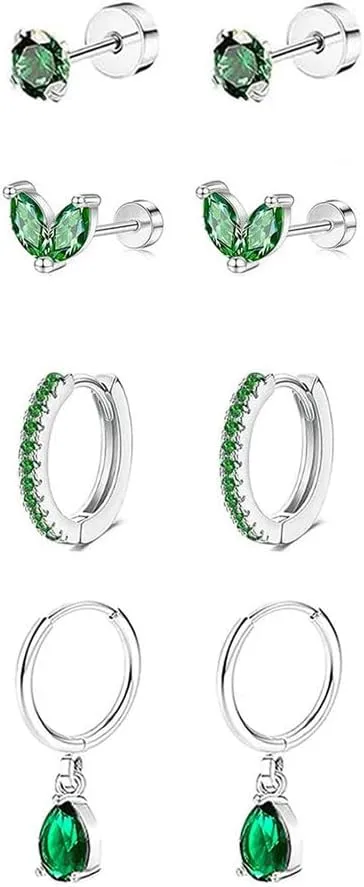 4Pairs Small Surgical Steel Earrings Set for Women Dainty Green CZ Cartilage Stud Hoop Earring Hypoallergenic Tragus Helix Rook Daith Piercing Jewelry