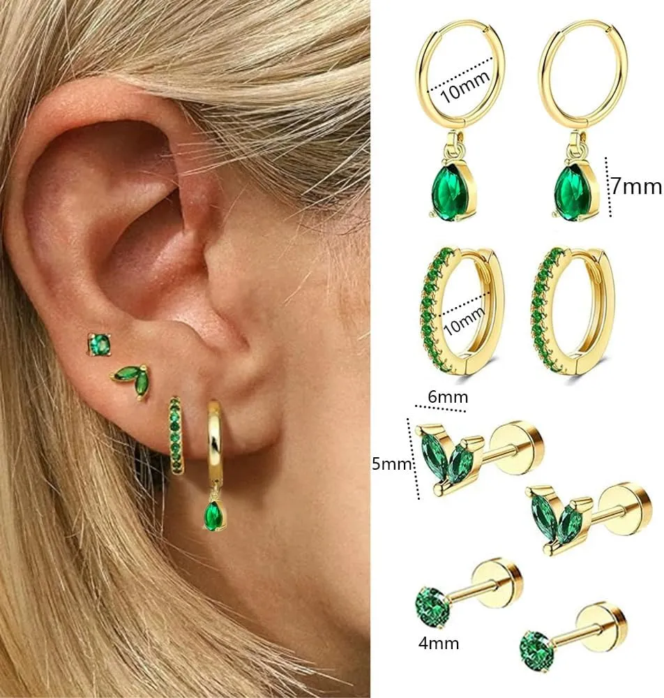 4Pairs Small Surgical Steel Earrings Set for Women Dainty Green CZ Cartilage Stud Hoop Earring Hypoallergenic Tragus Helix Rook Daith Piercing Jewelry