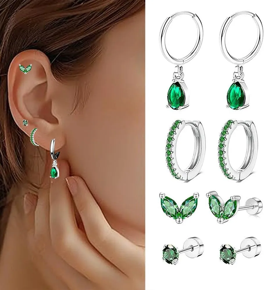 4Pairs Small Surgical Steel Earrings Set for Women Dainty Green CZ Cartilage Stud Hoop Earring Hypoallergenic Tragus Helix Rook Daith Piercing Jewelry
