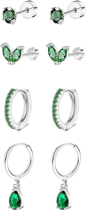 4Pairs Small Surgical Steel Earrings Set for Women Dainty Green CZ Cartilage Stud Hoop Earring Hypoallergenic Tragus Helix Rook Daith Piercing Jewelry