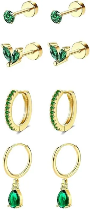 4Pairs Small Surgical Steel Earrings Set for Women Dainty Green CZ Cartilage Stud Hoop Earring Hypoallergenic Tragus Helix Rook Daith Piercing Jewelry