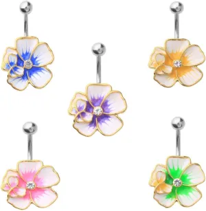 5 - Assorted Set 14 Gauge 3/8 Inch 316L Surgical Steel Barbell Belly Button Navel Rings Dangles Butterfly Hibiscus CZ Flower B630 Color Yellow Purple Blue Pink Green