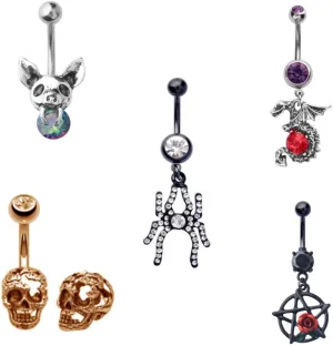 5 - Assorted Set 14 Gauge 3/8 Inch 316L Surgical Steel Barbell Belly Button Navel Rings Dangles Goth Black Spider Gold IP Cracked Skull Red Dragon Rose & Pentagram Alien Vampire B632