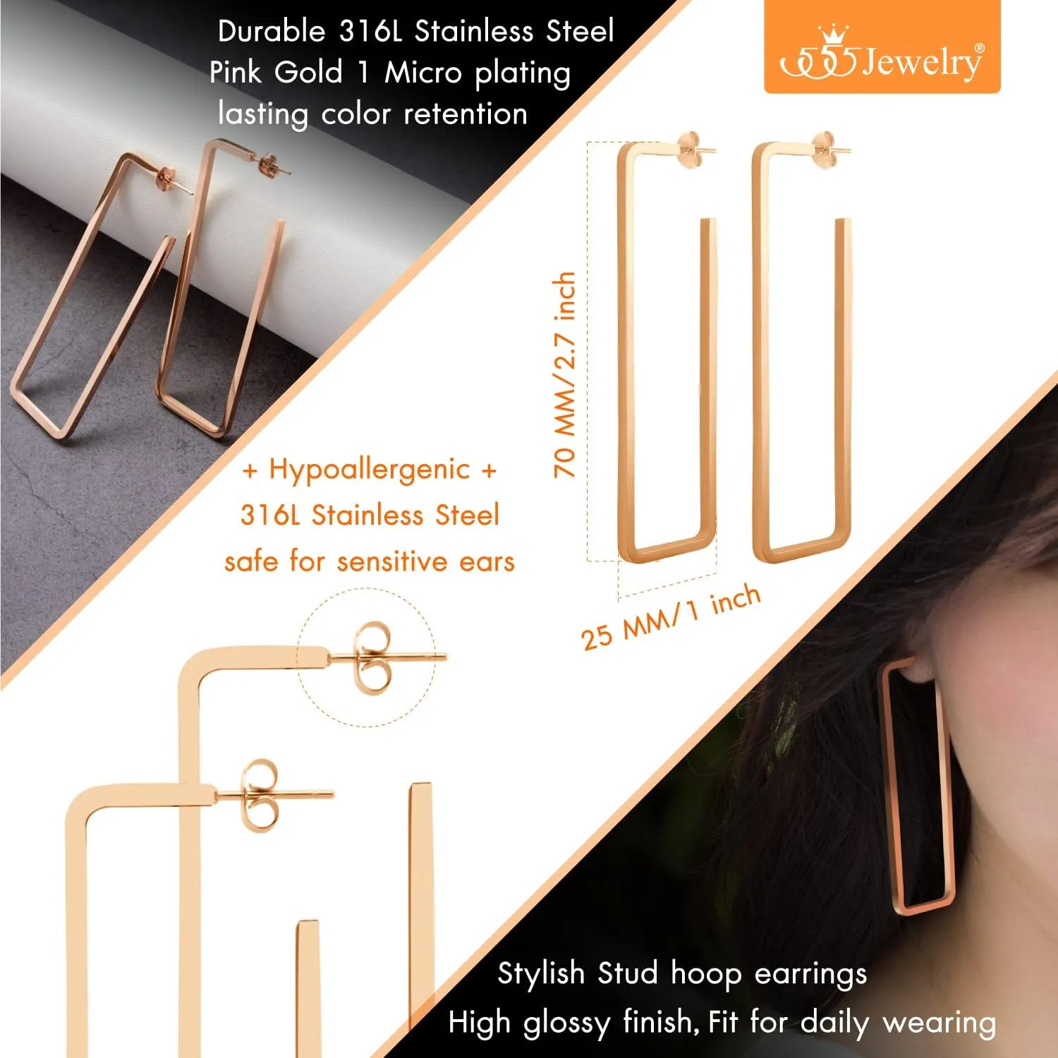 555Jewelry Stainless Steel Large Geometric Stud Hoop Rectangle Earrings for Women
