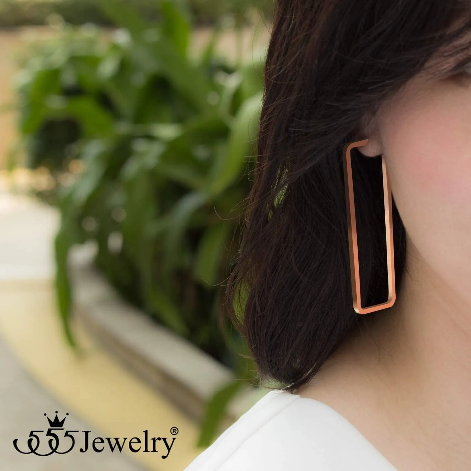 555Jewelry Stainless Steel Large Geometric Stud Hoop Rectangle Earrings for Women