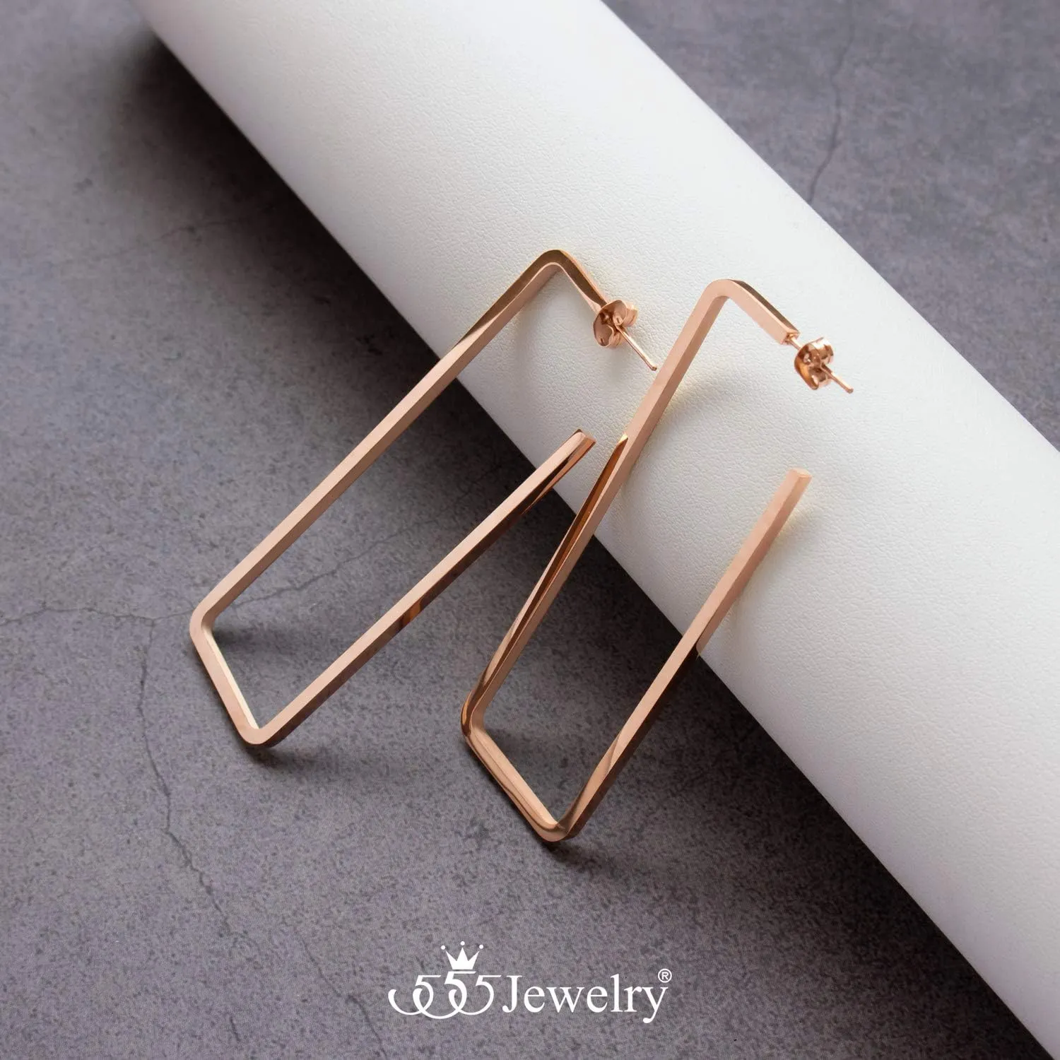 555Jewelry Stainless Steel Large Geometric Stud Hoop Rectangle Earrings for Women