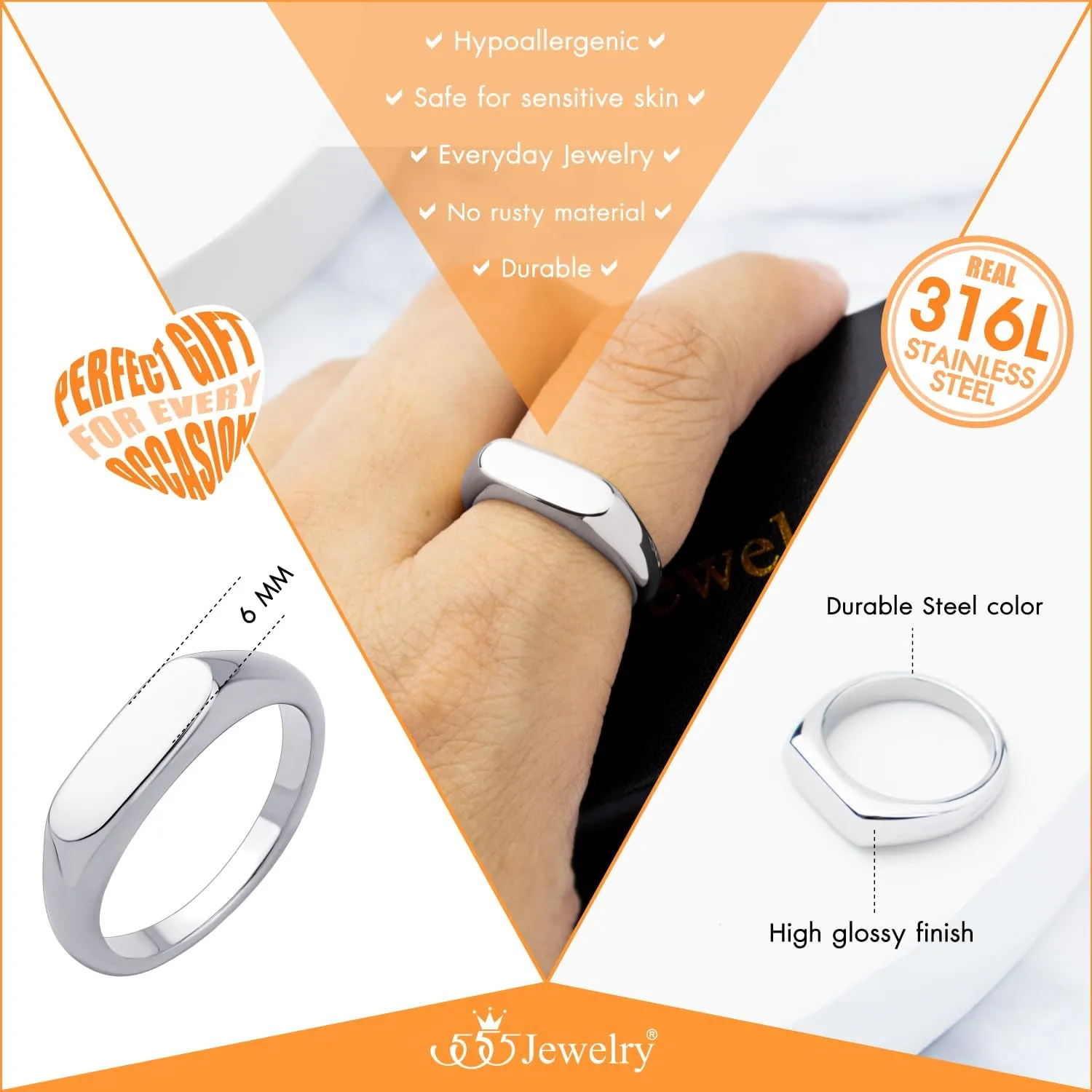 555Jewelry Stainless Steel Solid Plain High Polish Round Signet Ring for Men