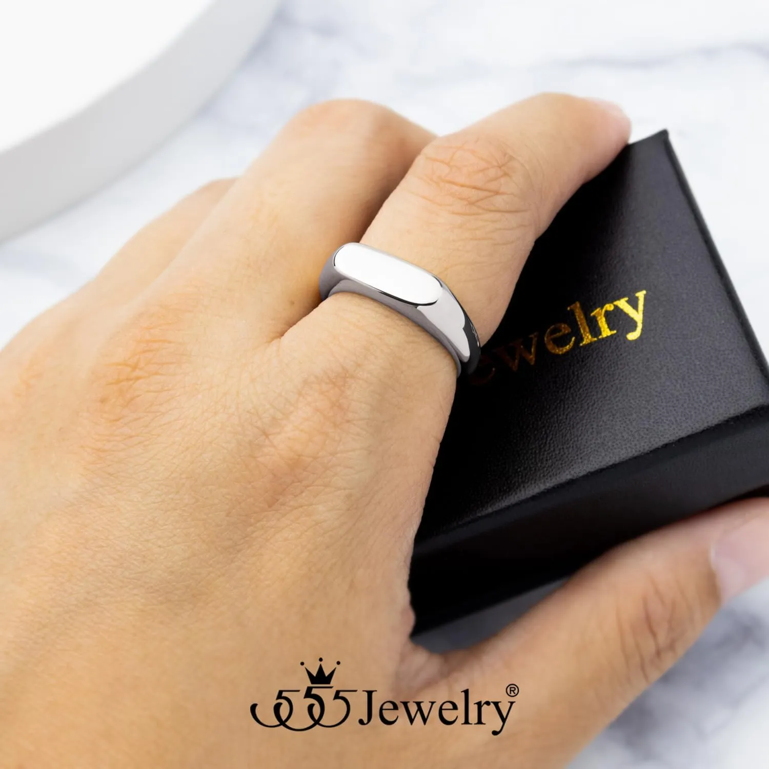 555Jewelry Stainless Steel Solid Plain High Polish Round Signet Ring for Men
