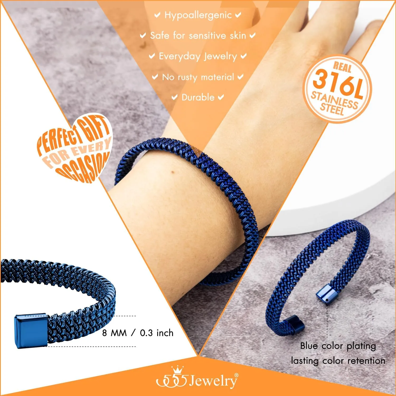 555Jewelry Unisex Stainless Steel Mesh Open Cuff Bangle Bracelet for Men & Women
