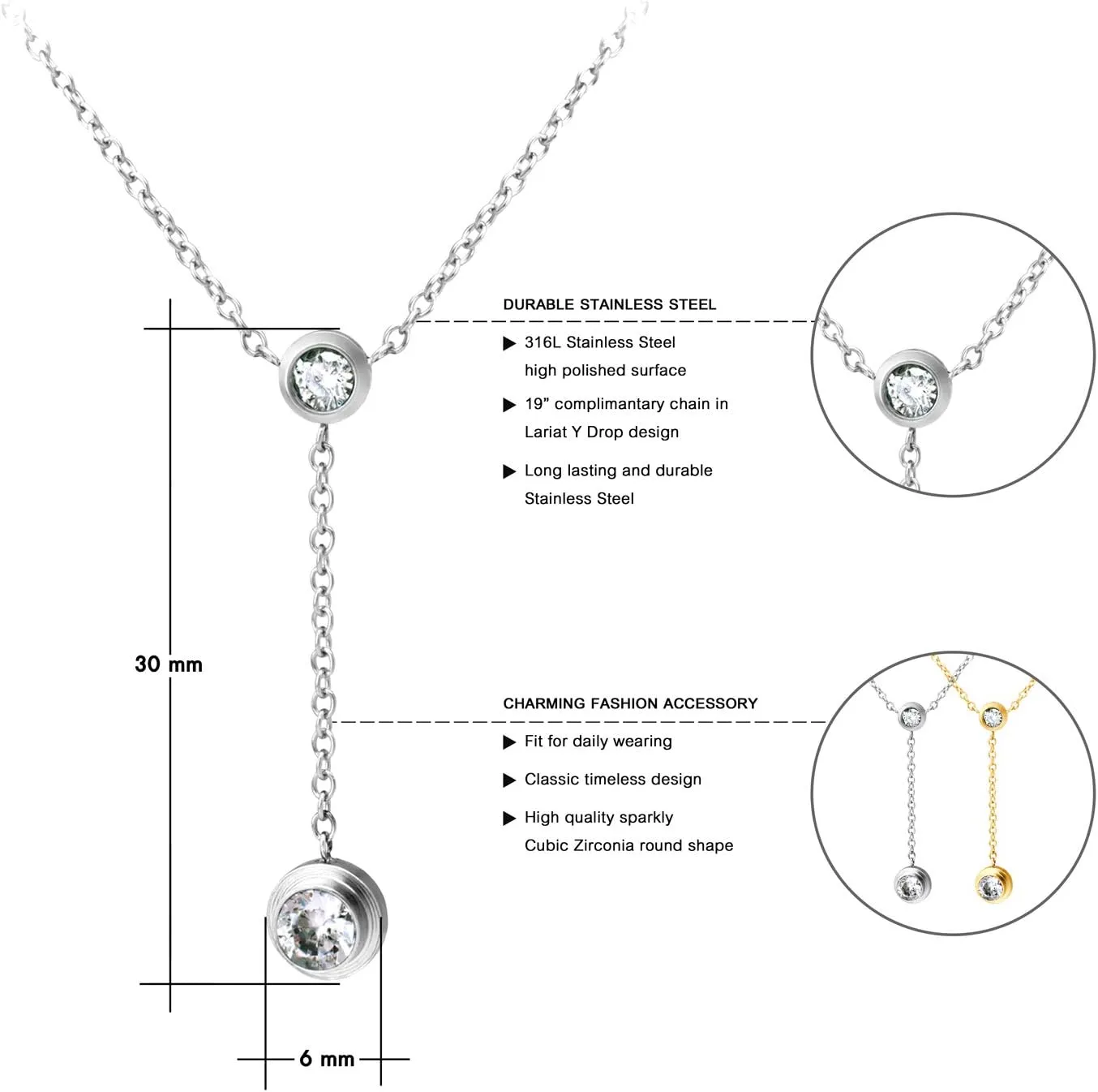 555Jewelry Womens Stainless Steel Lariat Y Drop Layer Round CZ Pendant Necklace