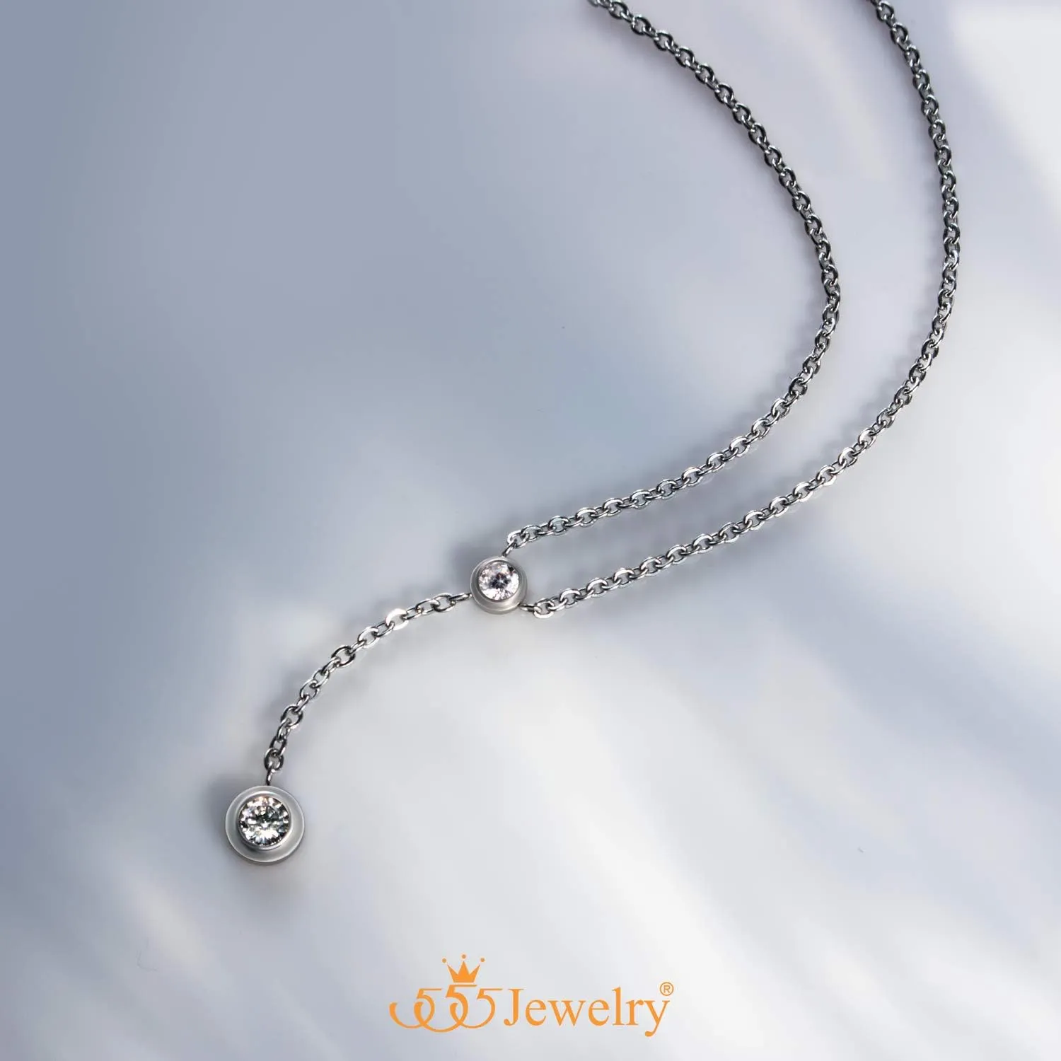 555Jewelry Womens Stainless Steel Lariat Y Drop Layer Round CZ Pendant Necklace
