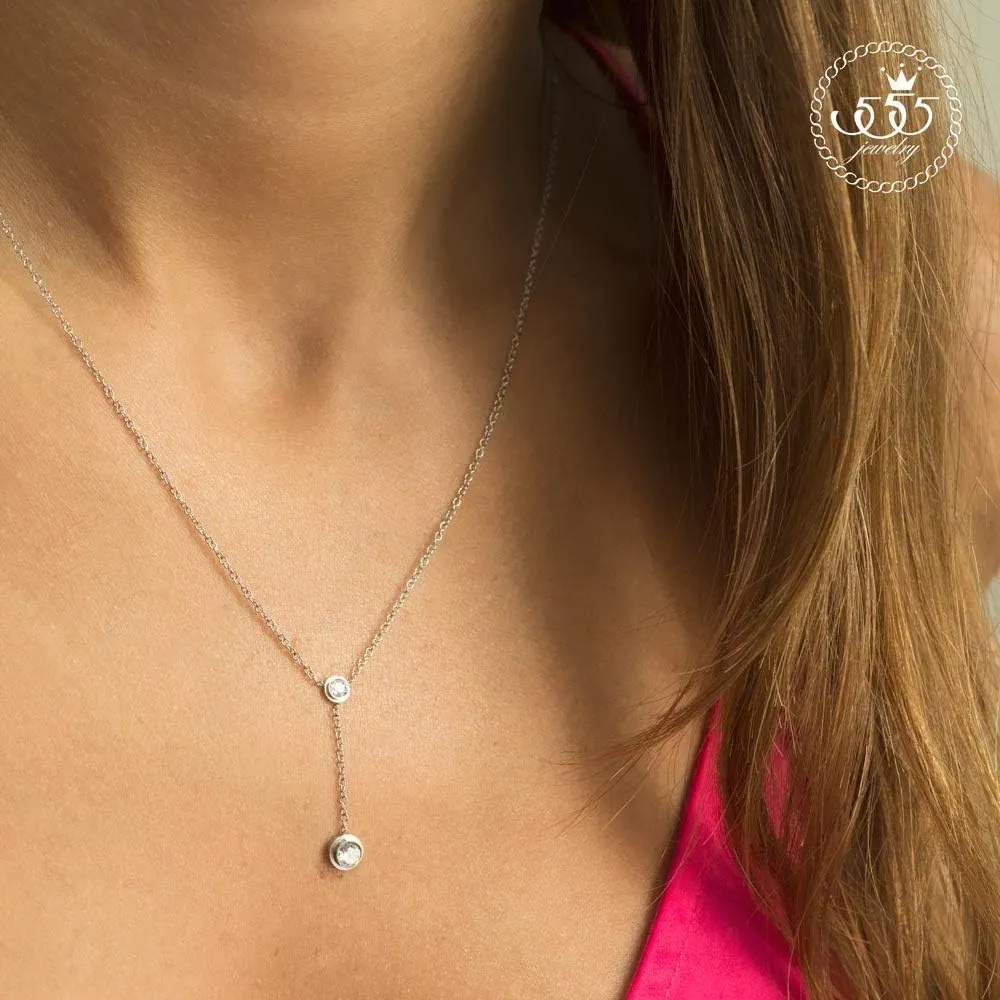 555Jewelry Womens Stainless Steel Lariat Y Drop Layer Round CZ Pendant Necklace