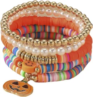 5Pcs Pumpkin Bracelets for Women Stackable Rainbow Clay Beaded Stretch Bracelets Elastic Layering Friendship Bracelets Boho Summer Beach Jewelry