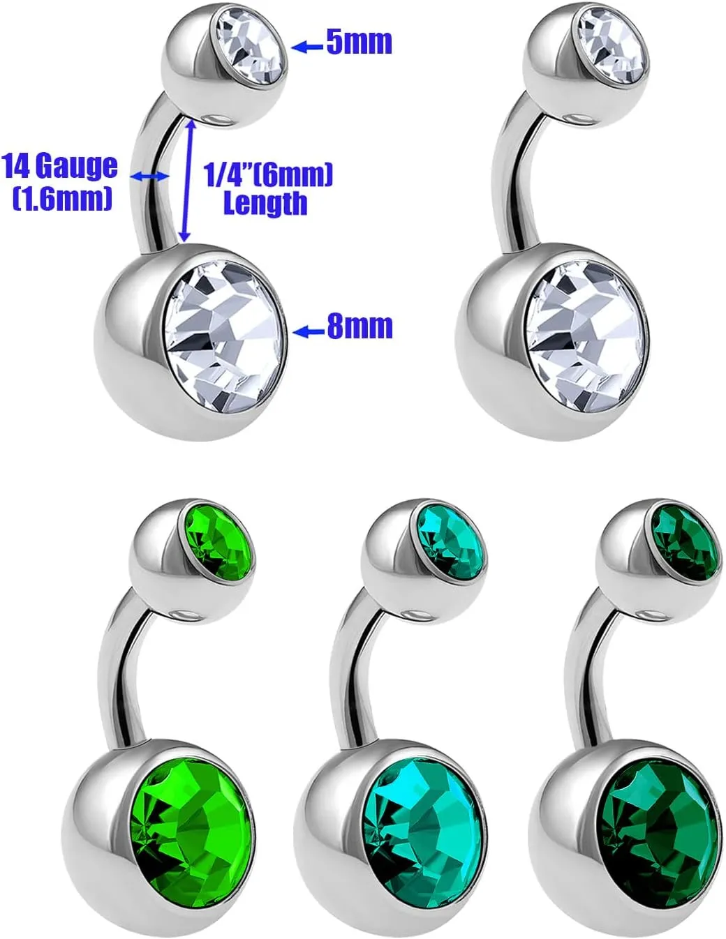 5Pcs Steel 14g 1/4 6mm Belly Button Rings Piercing Jewelry navel Ear Lobe Earring 8mm 5mm Crystal Ball More Choices