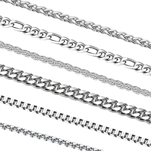 6 Pcs Silver Chains, Stainless Steel Cuban Link/Rope/Box/Figaro/Square Rolo/Wheat Chain Necklace Jewelry Set for Men Women