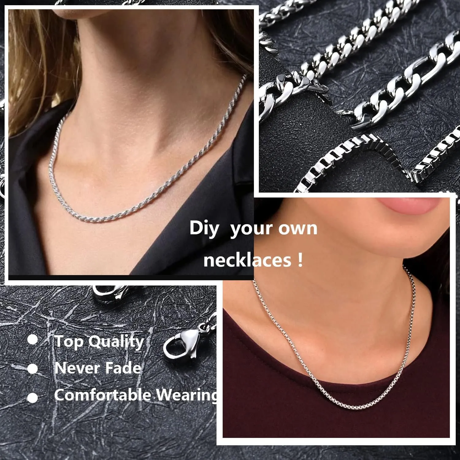 6 Pcs Silver Chains, Stainless Steel Cuban Link/Rope/Box/Figaro/Square Rolo/Wheat Chain Necklace Jewelry Set for Men Women