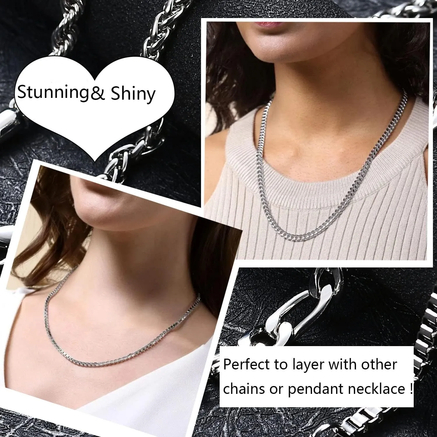 6 Pcs Silver Chains, Stainless Steel Cuban Link/Rope/Box/Figaro/Square Rolo/Wheat Chain Necklace Jewelry Set for Men Women