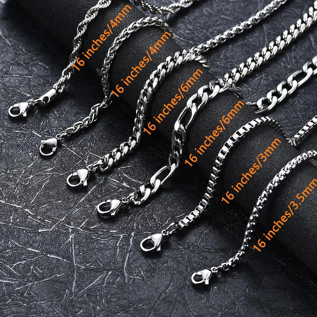 6 Pcs Silver Chains, Stainless Steel Cuban Link/Rope/Box/Figaro/Square Rolo/Wheat Chain Necklace Jewelry Set for Men Women
