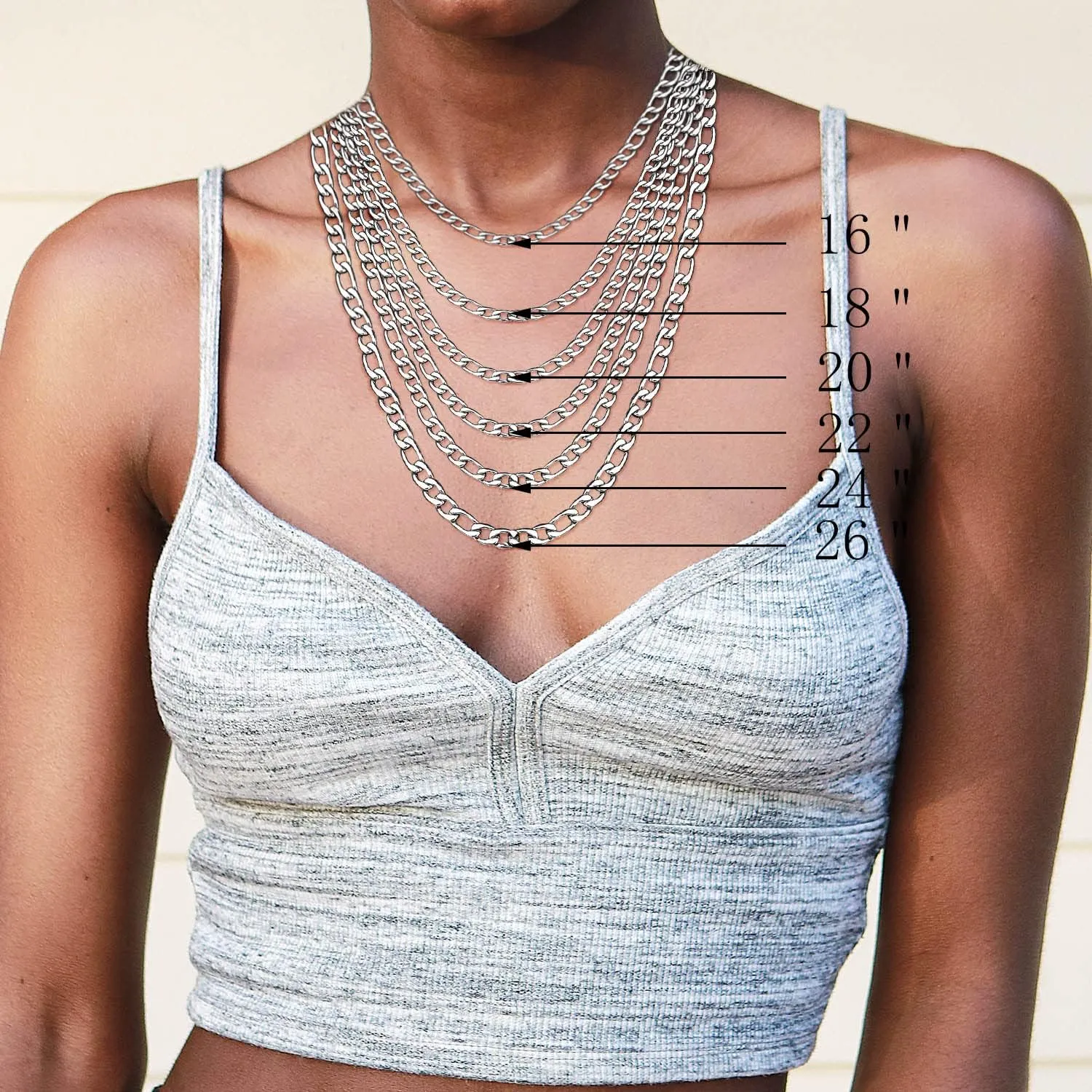 6 Pcs Silver Chains, Stainless Steel Cuban Link/Rope/Box/Figaro/Square Rolo/Wheat Chain Necklace Jewelry Set for Men Women