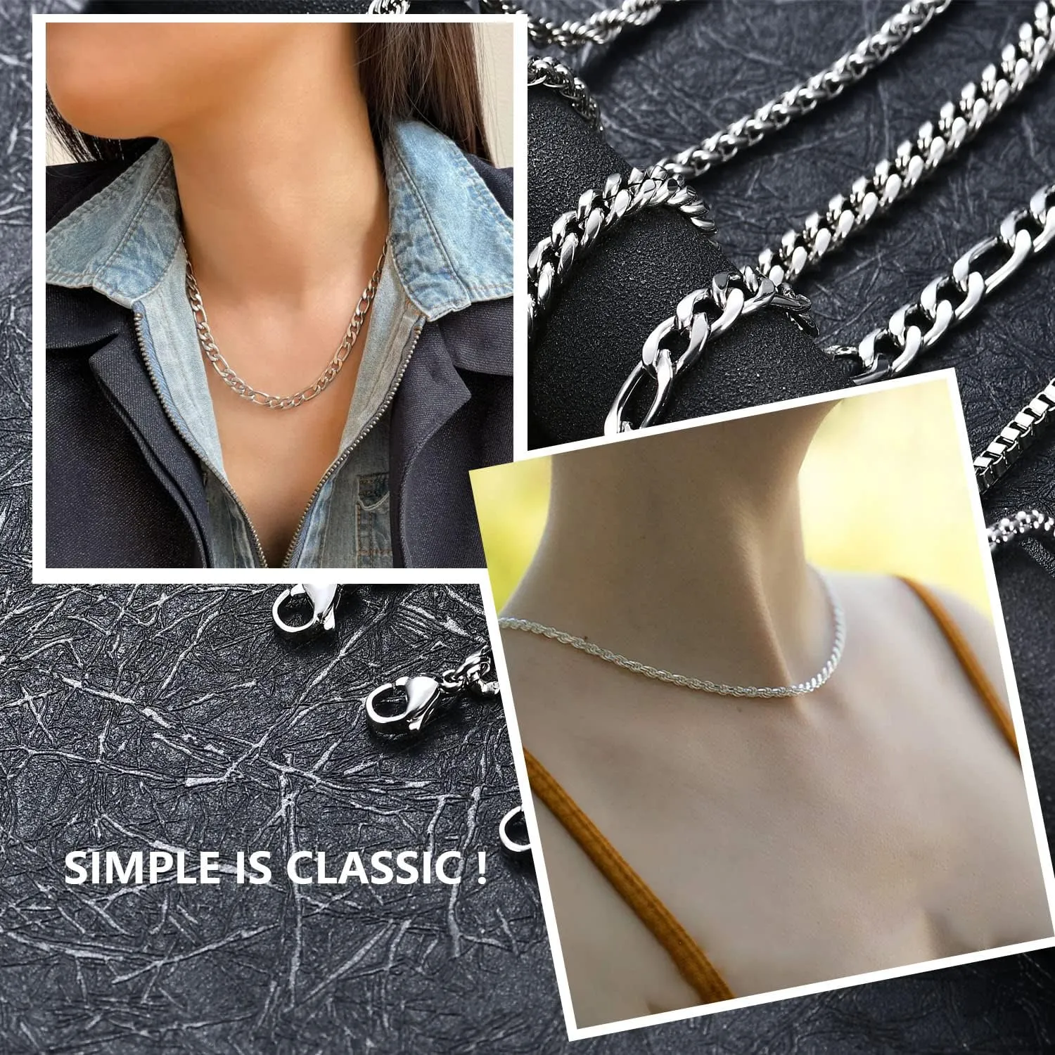6 Pcs Silver Chains, Stainless Steel Cuban Link/Rope/Box/Figaro/Square Rolo/Wheat Chain Necklace Jewelry Set for Men Women