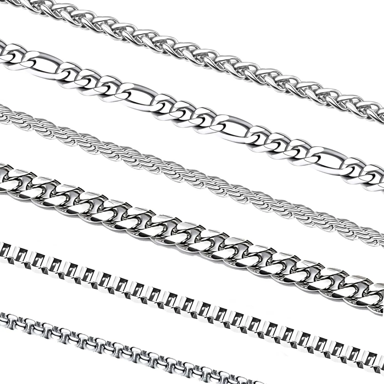 6 Pcs Silver Chains, Stainless Steel Cuban Link/Rope/Box/Figaro/Square Rolo/Wheat Chain Necklace Jewelry Set for Men Women