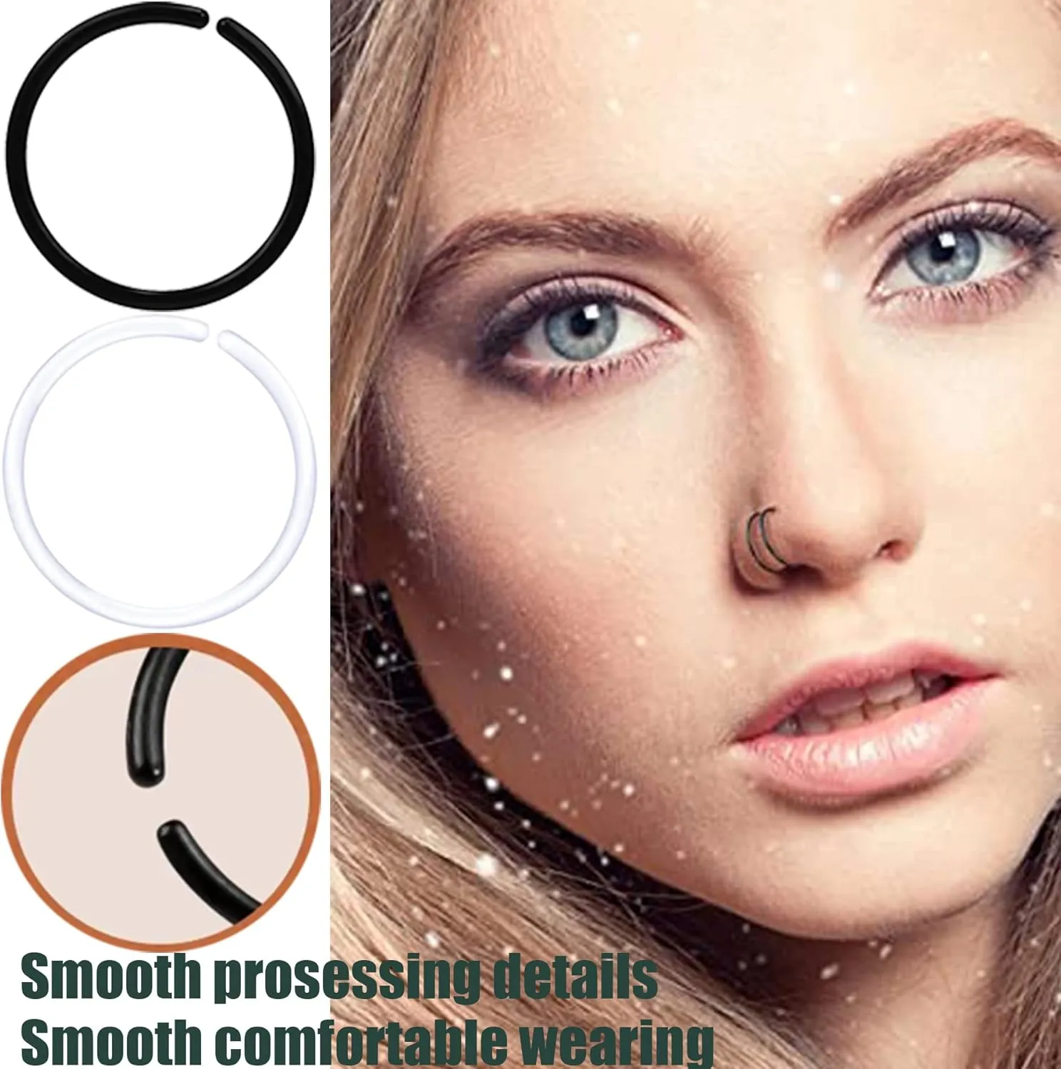 60Pcs Anti-Allergy 20G Unisex Plastic Hoop Ears Hole Retainers Hoop & Clear Nose Rings Hoop Retainer &8 Different Color for Sensitive Ears & Skin (2-in-1 Color)