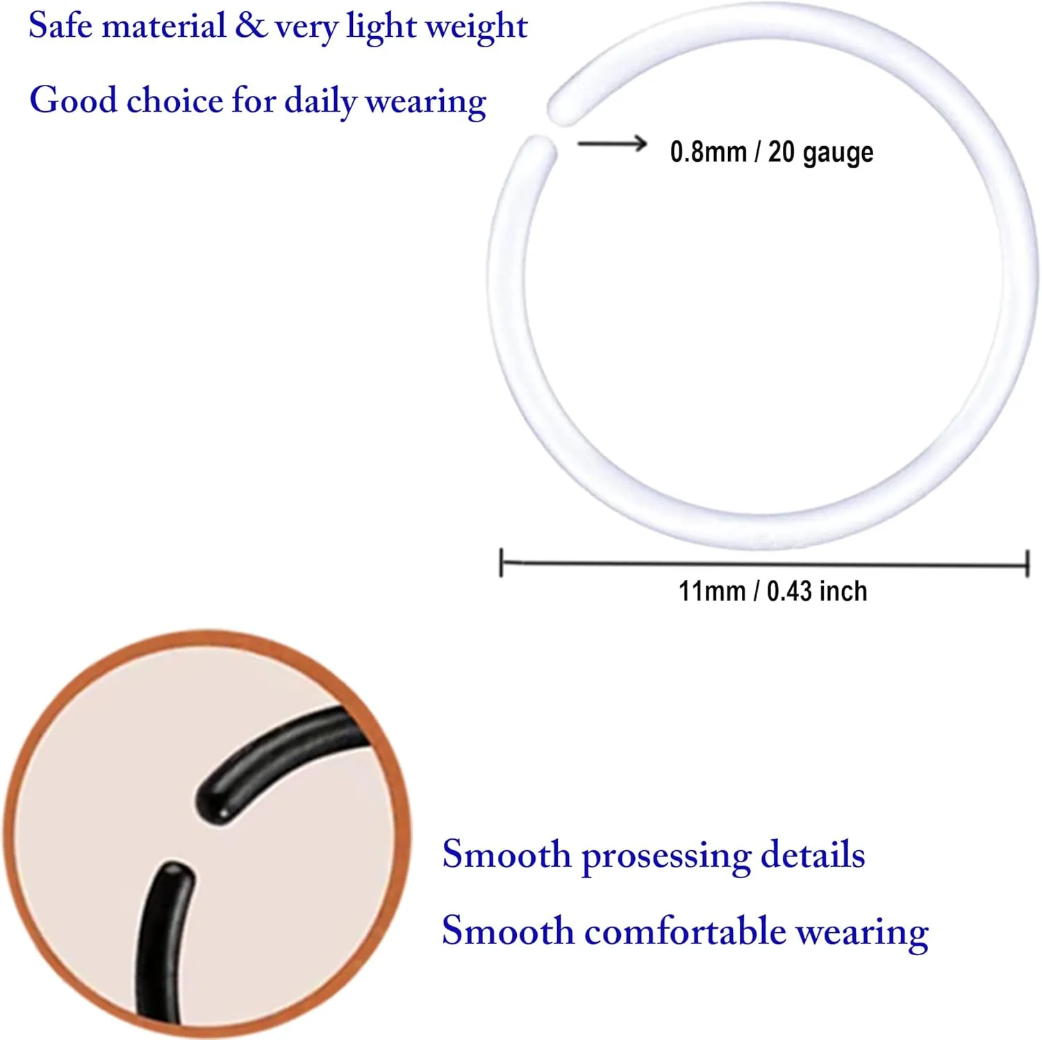60Pcs Anti-Allergy 20G Unisex Plastic Hoop Ears Hole Retainers Hoop & Clear Nose Rings Hoop Retainer &8 Different Color for Sensitive Ears & Skin (2-in-1 Color)