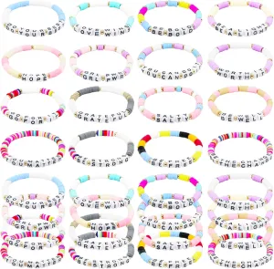 64 pcs Inspirational Beaded Bracelets Bulk Adjustable Colored Motivational Bracelets Friendship Beaded Encouragement Gifts for Women Men Teens Home Office Party Favor Gifts Supplies (Clay)