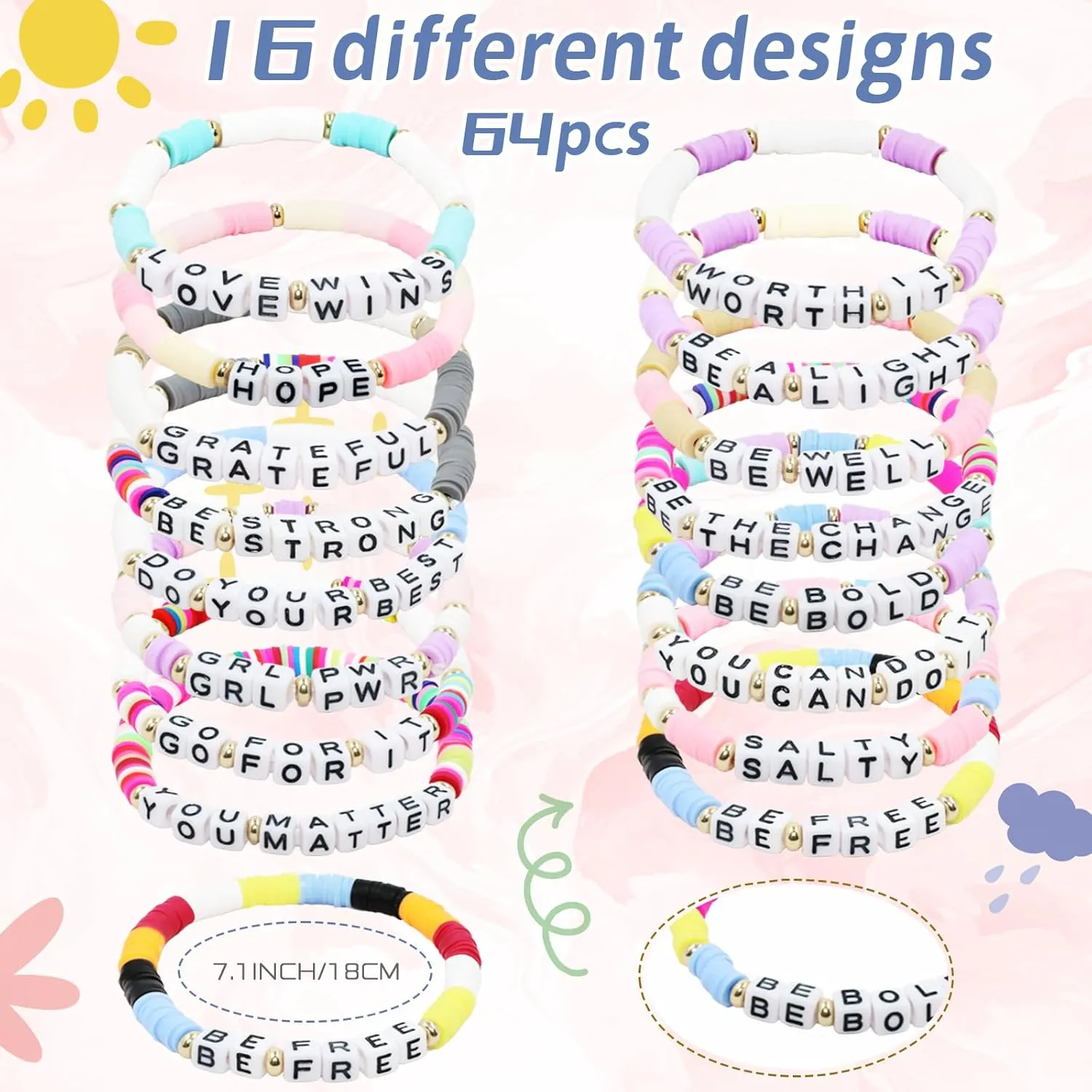 64 pcs Inspirational Beaded Bracelets Bulk Adjustable Colored Motivational Bracelets Friendship Beaded Encouragement Gifts for Women Men Teens Home Office Party Favor Gifts Supplies (Clay)