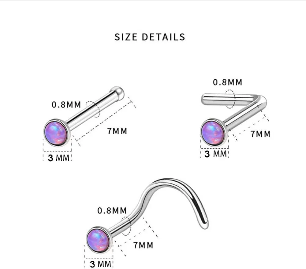 6PCS 20g Tiny Opal Nose Studs L Shaped Nose Screws Stud Stainless Steel Nose Ring Set Body Jewelry Piercing