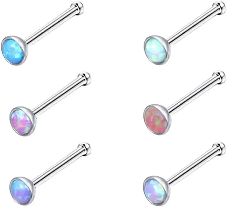 6PCS 20g Tiny Opal Nose Studs L Shaped Nose Screws Stud Stainless Steel Nose Ring Set Body Jewelry Piercing
