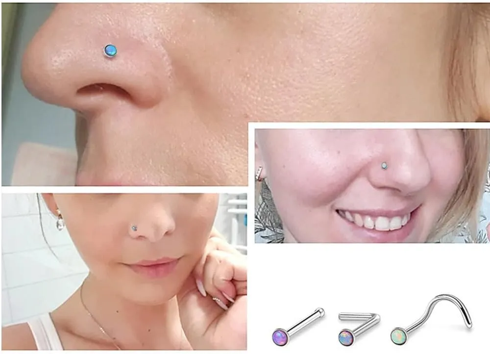 6PCS 20g Tiny Opal Nose Studs L Shaped Nose Screws Stud Stainless Steel Nose Ring Set Body Jewelry Piercing