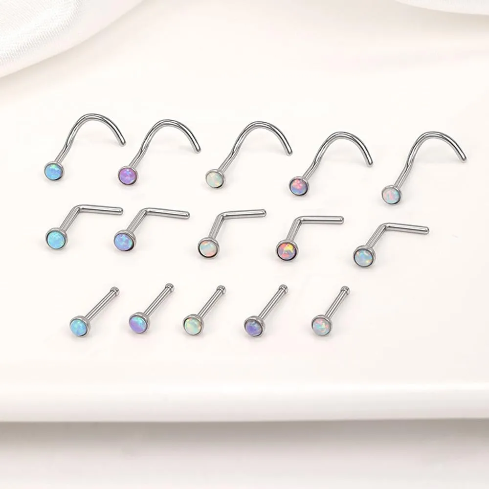 6PCS 20g Tiny Opal Nose Studs L Shaped Nose Screws Stud Stainless Steel Nose Ring Set Body Jewelry Piercing