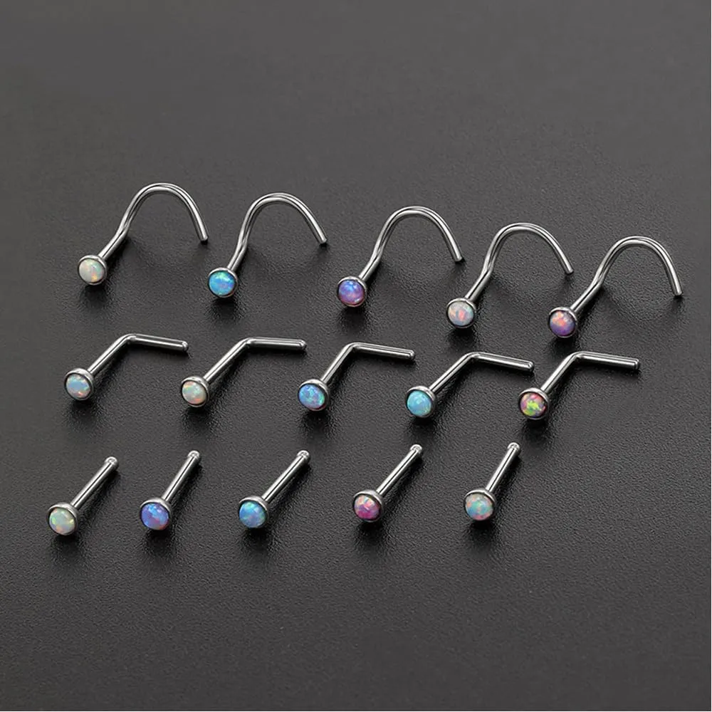 6PCS 20g Tiny Opal Nose Studs L Shaped Nose Screws Stud Stainless Steel Nose Ring Set Body Jewelry Piercing