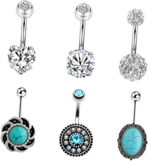 6pcs Fashion Belly Button Ring Navel Piercing Set Zircon Turquoise Nails Stainless Steel