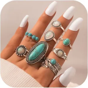 8 Pcs Bohemian Joint Knuckle Rings Set for Women,Vintage Oval Turquoise Finger Ring Opal Gemstone Teardrop Midi Rings Pack Punk Leaf Ring Party Daily Jewelry