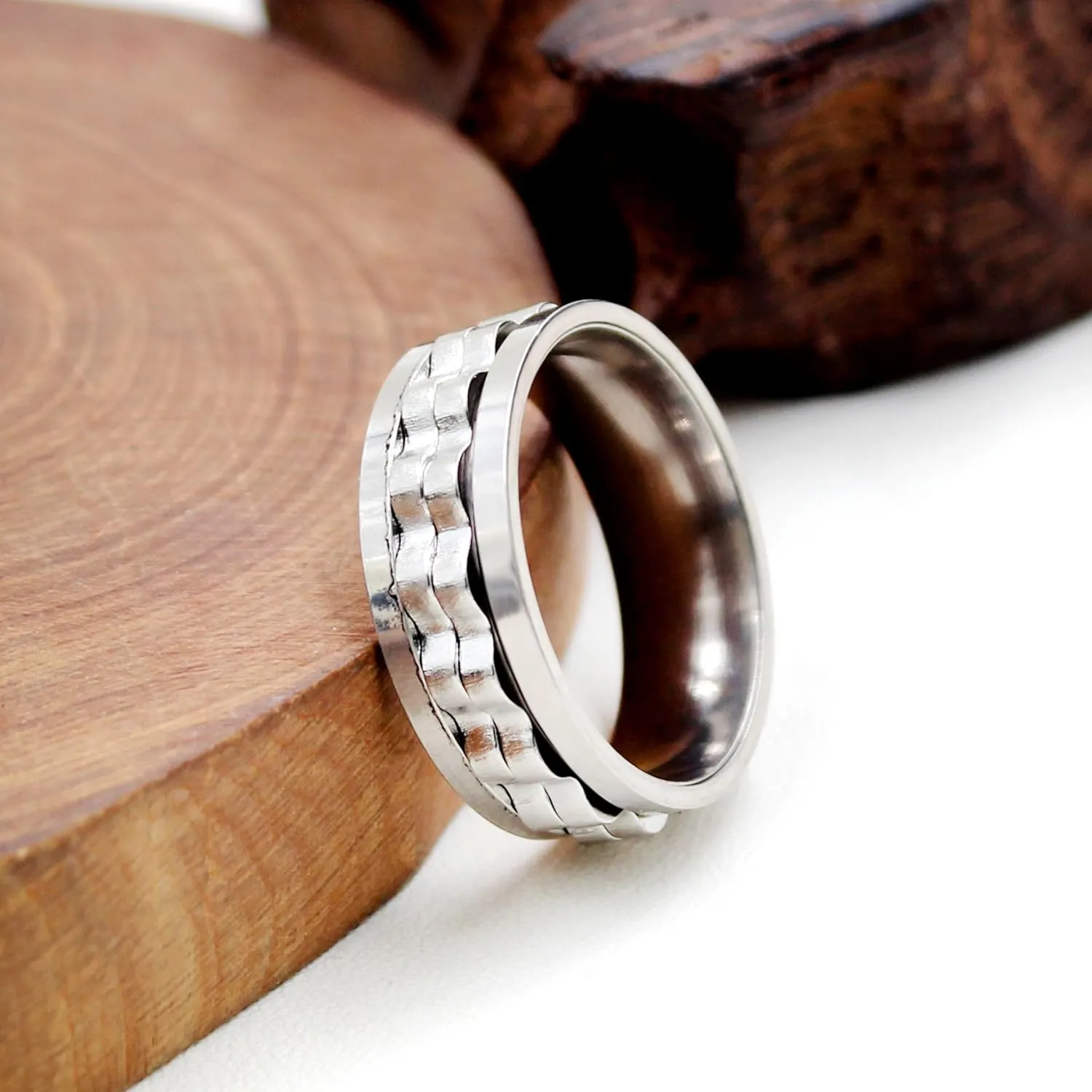 8mm Gear Fidget Ring High Polish Anxiety Ring Anti Spinning Cool Stress Relieveing Rings For Men Women Wedding Band Size 6-10