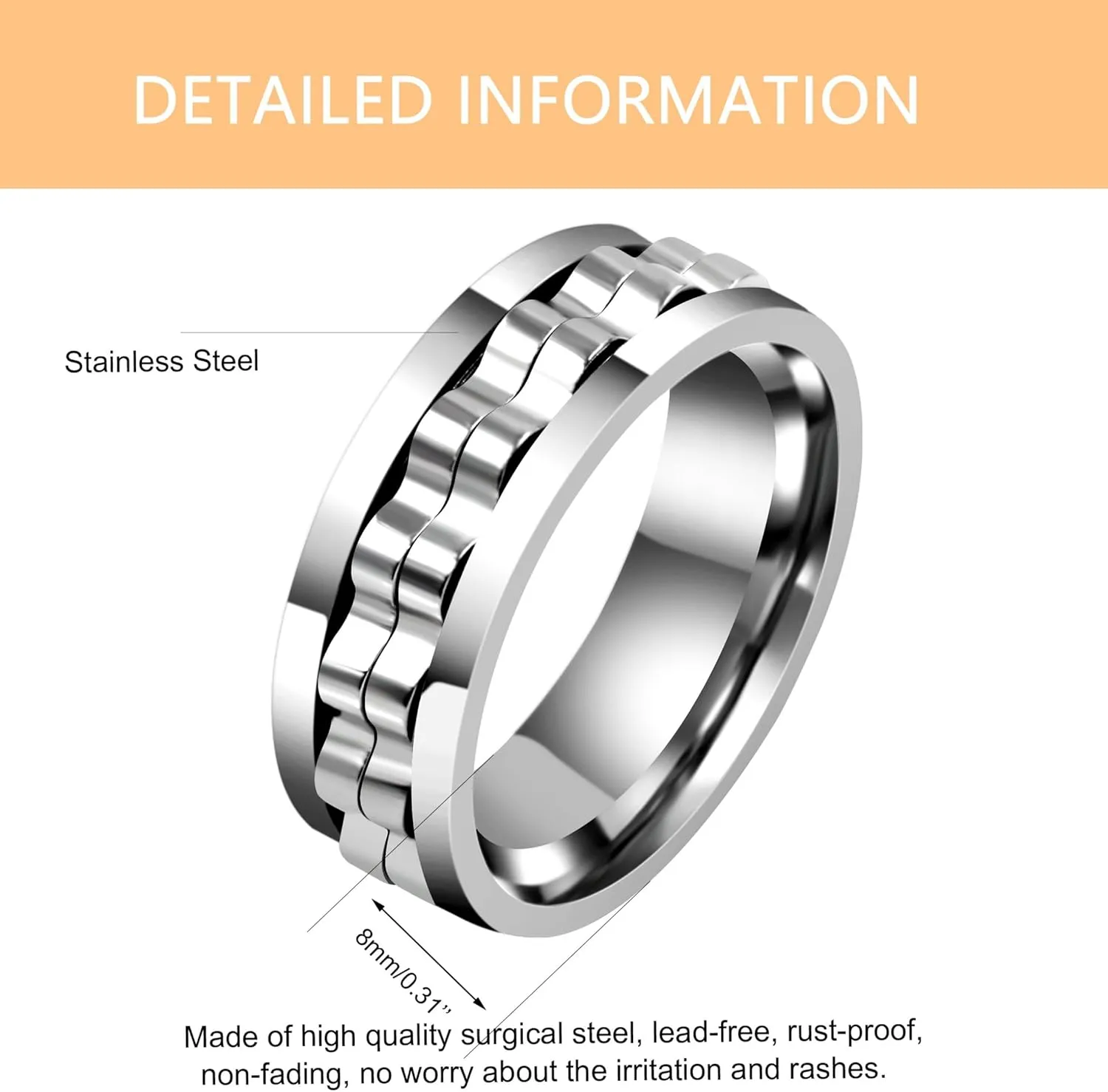 8mm Gear Fidget Ring High Polish Anxiety Ring Anti Spinning Cool Stress Relieveing Rings For Men Women Wedding Band Size 6-10