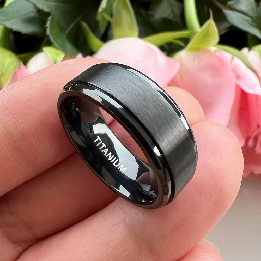 8mm Silver/Black/Gunmetal Titanium Rings for Men Women Engagement Wedding Bands Matte Finish Stepped Beveled Edges Comfort Fit