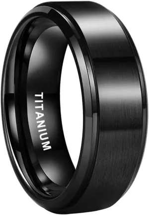 8mm Silver/Black/Gunmetal Titanium Rings for Men Women Engagement Wedding Bands Matte Finish Stepped Beveled Edges Comfort Fit