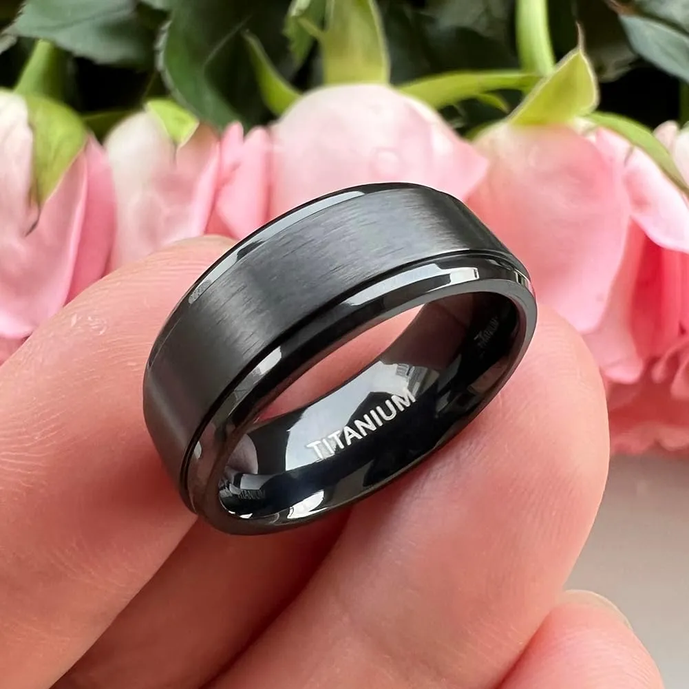 8mm Silver/Black/Gunmetal Titanium Rings for Men Women Engagement Wedding Bands Matte Finish Stepped Beveled Edges Comfort Fit