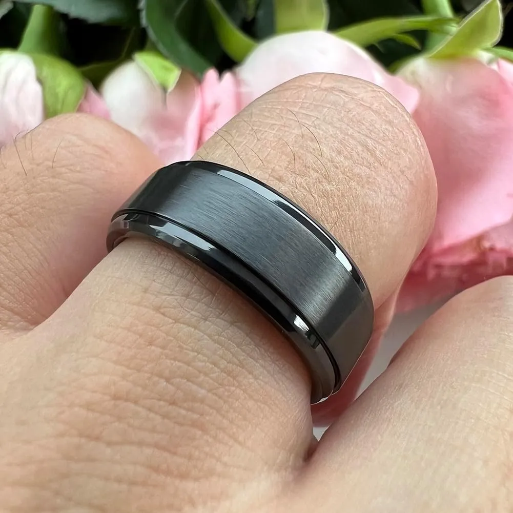 8mm Silver/Black/Gunmetal Titanium Rings for Men Women Engagement Wedding Bands Matte Finish Stepped Beveled Edges Comfort Fit