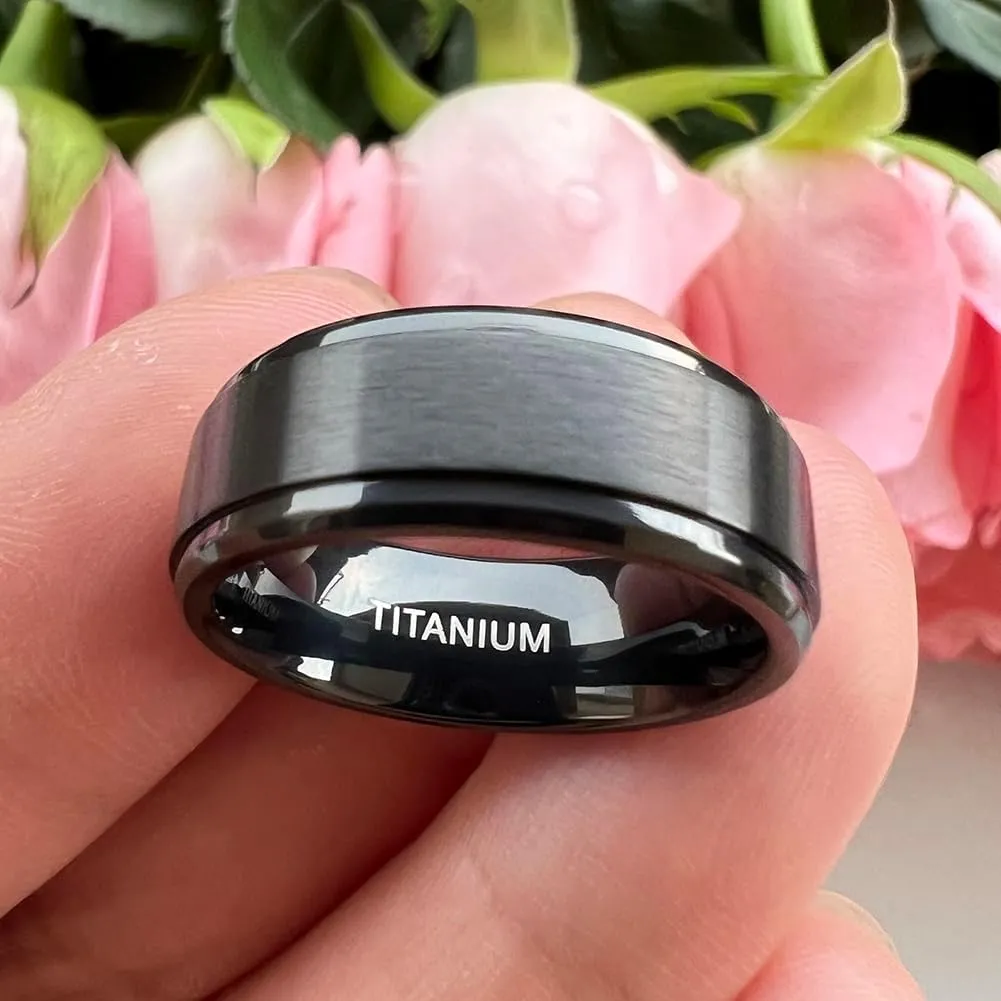 8mm Silver/Black/Gunmetal Titanium Rings for Men Women Engagement Wedding Bands Matte Finish Stepped Beveled Edges Comfort Fit