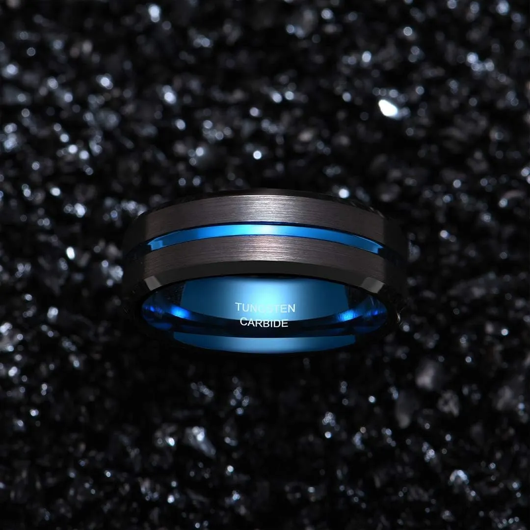 8mm Tungsten Wedding Bands for Men Custom Engraved Ring Promise Ring For Him Black Blue Centre Groove Rings Comfort Fit 6-15